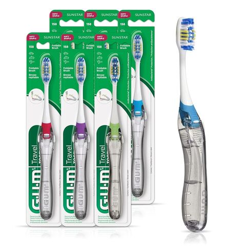 فرشاة أسنان GUM قابلة للطي للسفر - رأس مضغوط + منظف اللسان - فرشاة أسنان ذات شعيرات ناعمة للسفر للبالغين 1ct (عبوة من 6 قطع) in Saudi Arabia