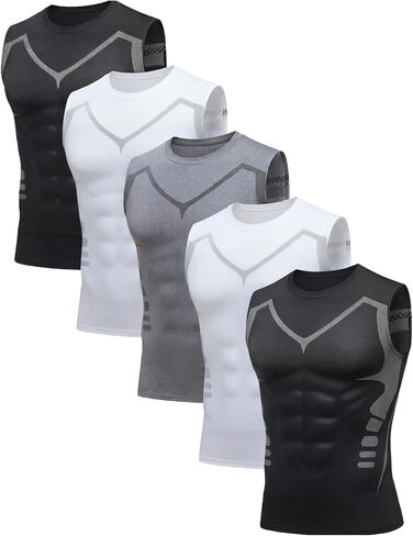 مجموعة من 5 قمصان رجالي بدون أكمام للتمرين، قمصان رياضية ذات قصة جافة، قمصان داخلية باللونين الأبيض والأسود للصالة الرياضية والجري in Kuwait