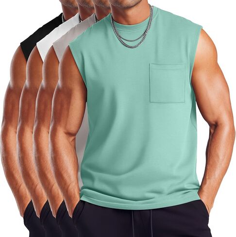 4 Pack Men's Big and Tall Tank Tops L-5XL Workout Sleeveless Gym Muscle Shirts Summer Crew Neck Tee with Pocket in Saudi Arabia