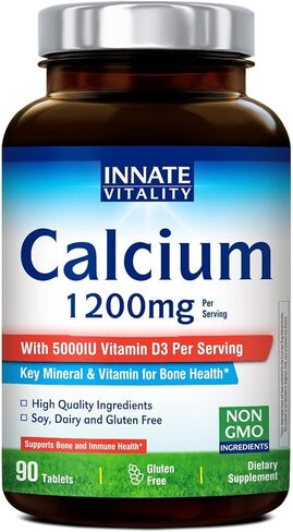 كالسيوم إنيت فيتاليتي 1200 مجم مع فيتامين د3، 5000 وحدة دولية فيتامين د3، مكمل كالسيوم قابل للامتصاص، غير معدل وراثيًا، خالٍ من الغلوتين، للعظام والمناعة، 90 قرصًا in Kuwait