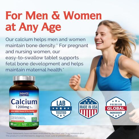 كالسيوم إنيت فيتاليتي 1200 مجم مع فيتامين د3، 5000 وحدة دولية فيتامين د3، مكمل كالسيوم قابل للامتصاص، غير معدل وراثيًا، خالٍ من الغلوتين، للعظام والمناعة، 90 قرصًا in Kuwait