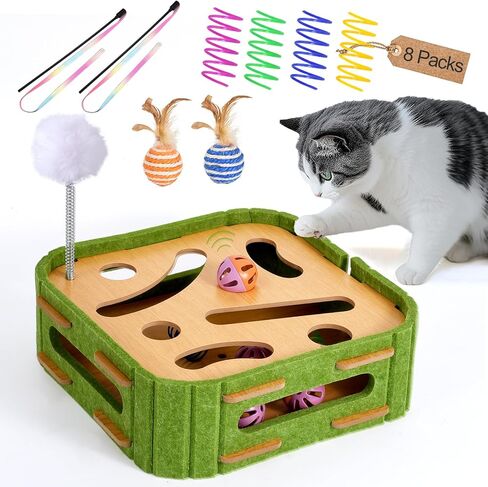 5-in-1 Cat Toys Interactive Wooden Cat Puzzle Toy Intelligence Treat Puzzle Feeder Box Game Enrichment Accessories with Jingle Balls, Wands, and Spiral Springs for Indoor Kitten Adult Cat in Kuwait