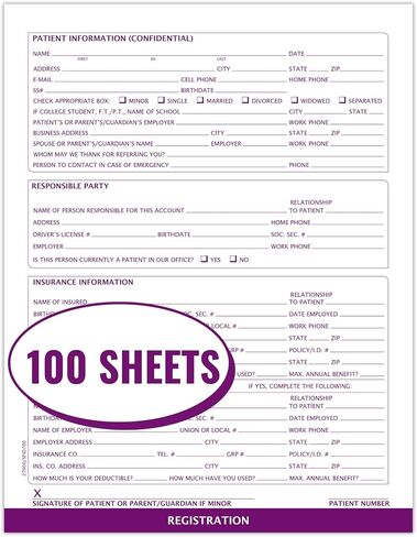 نماذج تسجيل المرضى الطبيين وطب الأسنان، حجم الحروف 8-1/2 بوصة × 11 بوصة، نماذج الإدخال، أشياء الطبيب، أرجواني داكن، حزمة من 100 ورقة، مثالية لمكاتب طب الأسنان والأطباء، بدون ثقوب in Kuwait