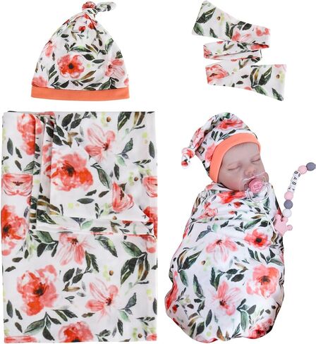 Aori Reborn Baby Dolls Clothes Newborn Receiveing Blanket with Floral Hat and Headband Set Nursery Swaddle Wrap for 18-24 inch Reborn Dolls in Kuwait