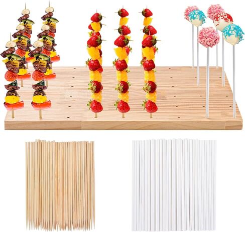 IHKFILAN 30 Holes Wooden Skewer Display Holder,Rectangle Fruit Kabobs Skewers Stand,Catering Appetizer Fruit Pick Stand Skewers,Wheat Color Wood Lollipop Holder for Baby Shower Birthday Cocktail Party in Kuwait
