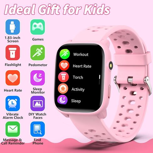 Smart Watch for Kids with 12 Puzzle Games, 1.83" Fitness Tracker Watch Heart Rate Sleep Monitor, Pedometer, Alarm Clock, Flashlight, Gift for 6-12 Year Old Boys Girls in Kuwait