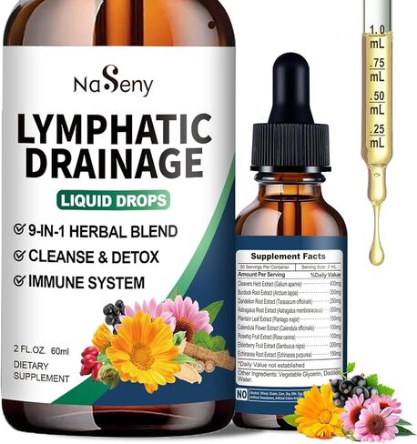 قطرات التصريف اللمفاوي، 9 في 1 مكملات التصريف اللمفاوي للتخلص من السموم والتطهير، دعم الجهاز المناعي مع إشنسا، البلسان، الهندباء البرية، أركتيوم لابا، 2 أونصة سائلة in Kuwait