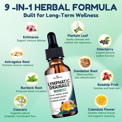 قطرات التصريف اللمفاوي، 9 في 1 مكملات التصريف اللمفاوي للتخلص من السموم والتطهير، دعم الجهاز المناعي مع إشنسا، البلسان، الهندباء البرية، أركتيوم لابا، 2 أونصة سائلة in Kuwait