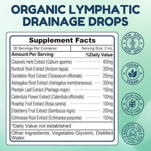 قطرات التصريف اللمفاوي، 9 في 1 مكملات التصريف اللمفاوي للتخلص من السموم والتطهير، دعم الجهاز المناعي مع إشنسا، البلسان، الهندباء البرية، أركتيوم لابا، 2 أونصة سائلة in Kuwait