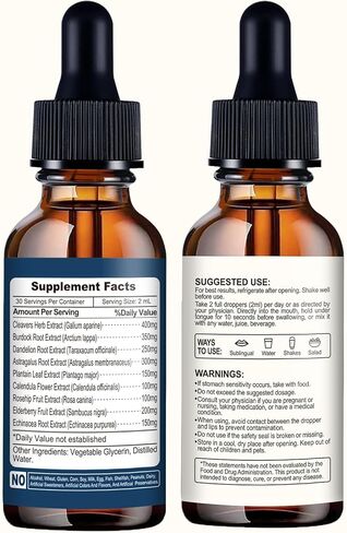 قطرات التصريف اللمفاوي، 9 في 1 مكملات التصريف اللمفاوي للتخلص من السموم والتطهير، دعم الجهاز المناعي مع إشنسا، البلسان، الهندباء البرية، أركتيوم لابا، 2 أونصة سائلة in Kuwait