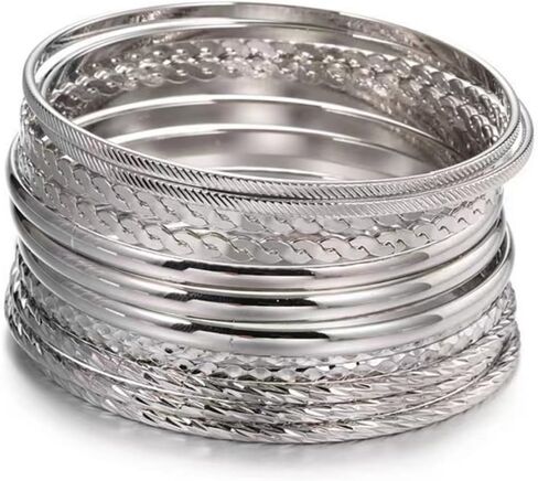 LXSSLY 12Pcs Silver Bangle Bracelets Set for Girls Boho Multi Layer Stack Textured Bracelets Indian Chunky Bangle Bracelet for Women Teen in Kuwait