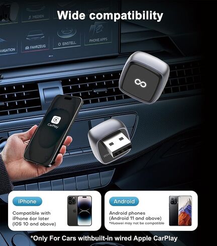 يدعم محول Carplay اللاسلكي ، والتوصيل والتشغيل ، Carplay+ Android Auto و Mini ومحول CarPlay اللاسلكي المستقر ، متوافق مع Apple iOS 10+ وسيارات CarPlay السلكية المصنعة بعد عام 2016. in Kuwait