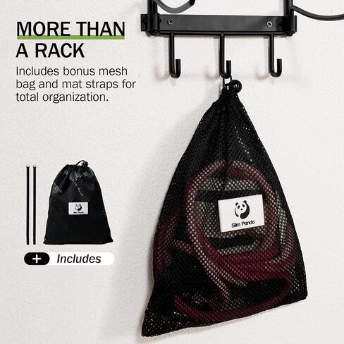 حامل بساط اليوجا النحيف الباندا مع حقيبة شبكية، رف تخزين ملحقات اليوجا، منظم صالة الألعاب الرياضية المنزلية مع 5 طبقات و3 خطافات لتعليق سجادات اليوجا، بكرة إسفنجية، أشرطة مقاومة، موفر للمساحة in Kuwait