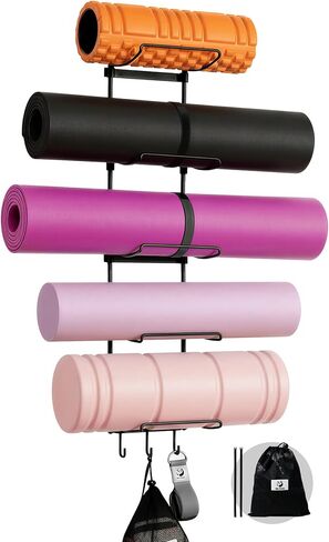 Slim Panda Yoga Mat Holder Wall Mount With Mesh Bag,Yoga Accessories Storage Rack,Home Gym Organizer with 5-Tier & 3 Hooks for Hanging Yoga Mats, Foam Roller, Resistance Bands, Space Saver in Saudi Arabia