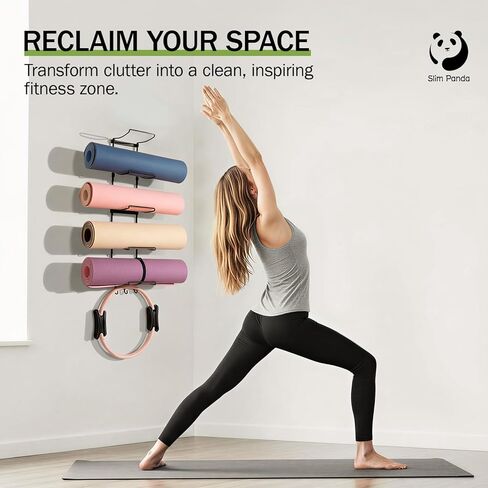 Slim Panda Yoga Mat Holder Wall Mount With Mesh Bag,Yoga Accessories Storage Rack,Home Gym Organizer with 5-Tier & 3 Hooks for Hanging Yoga Mats, Foam Roller, Resistance Bands, Space Saver in Saudi Arabia