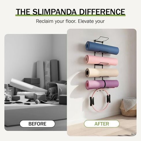 حامل بساط اليوجا النحيف الباندا مع حقيبة شبكية، رف تخزين ملحقات اليوجا، منظم صالة الألعاب الرياضية المنزلية مع 5 طبقات و3 خطافات لتعليق سجادات اليوجا، بكرة إسفنجية، أشرطة مقاومة، موفر للمساحة in Kuwait