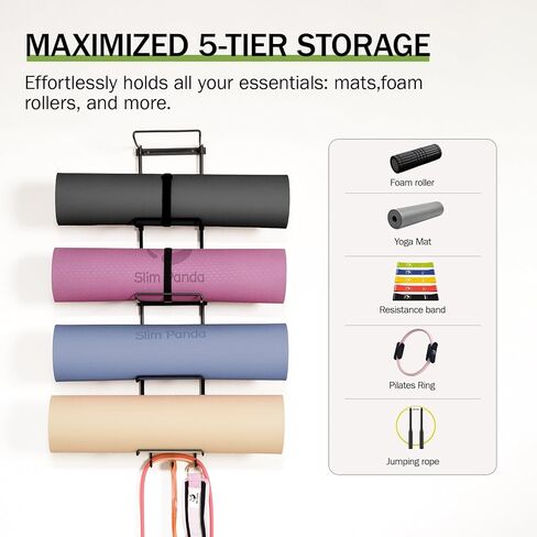 Slim Panda Yoga Mat Holder Wall Mount With Mesh Bag,Yoga Accessories Storage Rack,Home Gym Organizer with 5-Tier & 3 Hooks for Hanging Yoga Mats, Foam Roller, Resistance Bands, Space Saver in Saudi Arabia