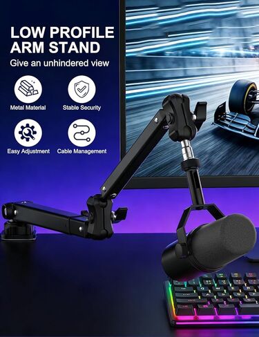 ذراع ميكروفون Kairiyard، معدن ثابت قابل للدوران 360 درجة عالي التحمل، حامل ذراع ميكروفون منخفض المستوى لاستوديو ألعاب البث المباشر للبودكاست، مع إدارة الكابلات، محول 3/8 بوصة إلى 5/8 بوصة in Kuwait