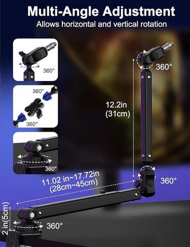 ذراع ميكروفون Kairiyard، معدن ثابت قابل للدوران 360 درجة عالي التحمل، حامل ذراع ميكروفون منخفض المستوى لاستوديو ألعاب البث المباشر للبودكاست، مع إدارة الكابلات، محول 3/8 بوصة إلى 5/8 بوصة in Kuwait