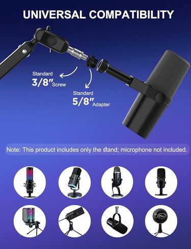 ذراع ميكروفون Kairiyard، معدن ثابت قابل للدوران 360 درجة عالي التحمل، حامل ذراع ميكروفون منخفض المستوى لاستوديو ألعاب البث المباشر للبودكاست، مع إدارة الكابلات، محول 3/8 بوصة إلى 5/8 بوصة in Kuwait