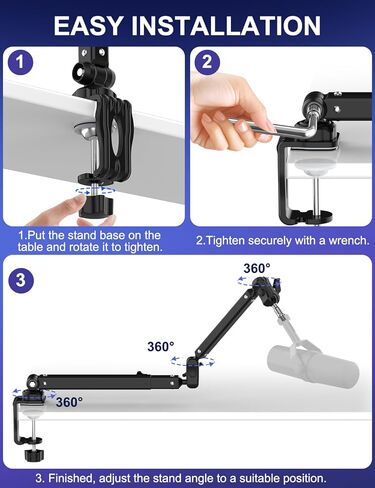 ذراع ميكروفون Kairiyard، معدن ثابت قابل للدوران 360 درجة عالي التحمل، حامل ذراع ميكروفون منخفض المستوى لاستوديو ألعاب البث المباشر للبودكاست، مع إدارة الكابلات، محول 3/8 بوصة إلى 5/8 بوصة in Kuwait