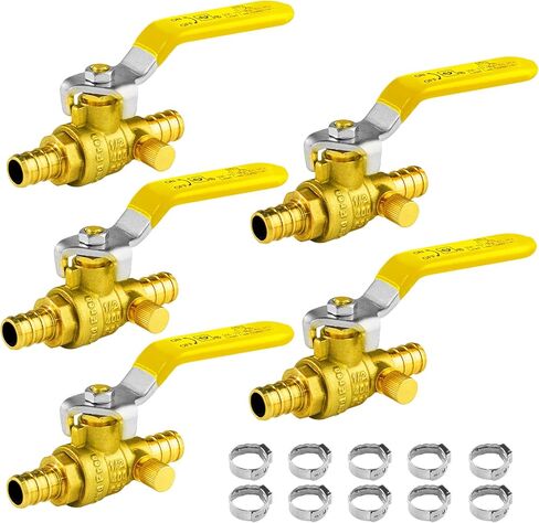 صمام كروي PEX مقاس 1/2 بوصة من WiseWater مع تصريف، صمام إغلاق كامل للمياه من النحاس مع تصريف، صمام تصريف PEX (5 عبوات)، معتمد من UPC in Kuwait