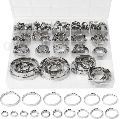 117PCS 16 Sizes Single Ear Hose Clamp, 304 Stainless Steel Ear Clamp Kit(5.3-48.5mm), Stepless Hose Clamps Cinch Rings for Automotive, Home Appliance Line and Plumbing, With 10 Inch Pincer. in Kuwait