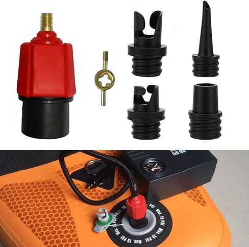 SUP Pump Adaptor Air Valve Converter, 7MM Inlet Opening Air Pump Converter with 4 Standard Air Valve Nozzles for Inflatable Boat, Stand Up Paddle Board, Inflatable Bed, Etc - Red in Kuwait