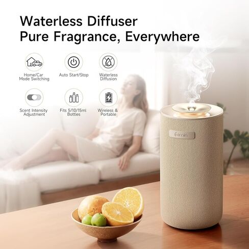 Auto-Start/Stop 2-in-1 Car Diffuser, Waterless Essential Oil Diffuser & Auto Air Freshener for Home Aromatherapy, Cordless Adjustable Fragrance Diffuser Compatible with 5/10/15ml Bottles in Saudi Arabia