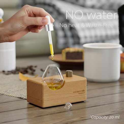 موزع روائح الزيوت العطرية الزجاجي ذو قطرة الماء مع قاعدة خشبية مصنوعة يدويًا للعلاج بالروائح، موزع روائح بدون ماء لمكتب اليوغا المنزلي، بخاخات زيت محمولة ولاسلكية مع LED ومؤقت، هدية عطر in Kuwait