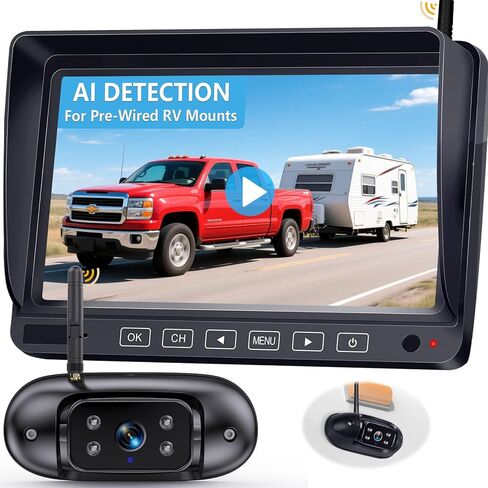 Wireless Backup Camera for Trailer - 7" 1080P RV Backup Camera with 4-Channel Split-Screen Monitor, AI Detection, Night Vision, Loud Beeps, Plug & Play, Compatible with Furrion RV Systems in Kuwait