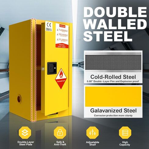 RQR Flammable Storage Cabinet 35.5" x 18.11" x 18.11", 32 Gallon Galvanized Steel Flammable Cabinet, Made of 2-mm Cold-Rolled Steel Plate, Adjustable Shelf, Yellow in Saudi Arabia