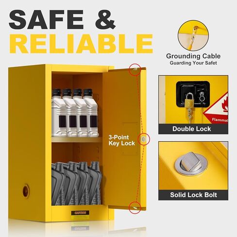 RQR Flammable Storage Cabinet 35.5" x 18.11" x 18.11", 32 Gallon Galvanized Steel Flammable Cabinet, Made of 2-mm Cold-Rolled Steel Plate, Adjustable Shelf, Yellow in Saudi Arabia