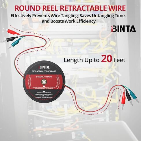 BINTA 3 أسلاك 20 قدمًا قابلة للسحب، سلاسل اختبار بمشبك التمساح الأحمر/الأسود/الأزرق، سلك قياس 18 AWG للاختبار الكهربائي والسيارات والمقطورات in Kuwait