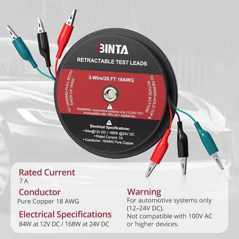 BINTA 3 أسلاك 20 قدمًا قابلة للسحب، سلاسل اختبار بمشبك التمساح الأحمر/الأسود/الأزرق، سلك قياس 18 AWG للاختبار الكهربائي والسيارات والمقطورات in Kuwait