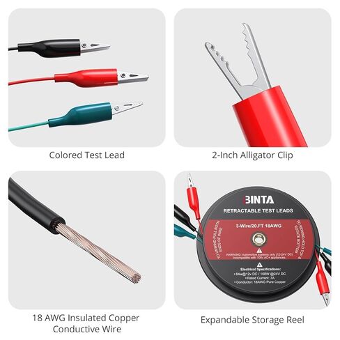 BINTA 3 أسلاك 20 قدمًا قابلة للسحب، سلاسل اختبار بمشبك التمساح الأحمر/الأسود/الأزرق، سلك قياس 18 AWG للاختبار الكهربائي والسيارات والمقطورات in Kuwait