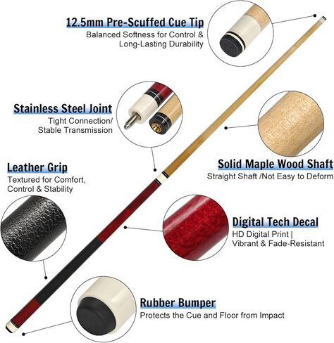 4 قطع من عصي البلياردو، 58 بوصة للعب البلياردو في المنزل والبار، عصي البلياردو الصلبة من خشب القيقب الصلب مع طرف جلدي متعدد الطبقات مقاس 12.5 مم، قبضة جلدية، مؤخرة مطبوعة رقمية (20 أونصة لكل واحدة) in Kuwait