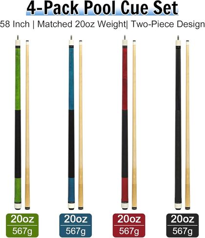 4 قطع من عصي البلياردو، 58 بوصة للعب البلياردو في المنزل والبار، عصي البلياردو الصلبة من خشب القيقب الصلب مع طرف جلدي متعدد الطبقات مقاس 12.5 مم، قبضة جلدية، مؤخرة مطبوعة رقمية (20 أونصة لكل واحدة) in Kuwait