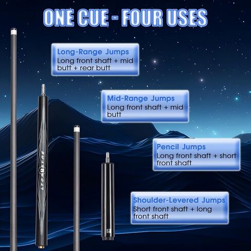 PODAYUDE Little Monster Carbon Fiber Jump Cue - 4 Pieces Dual-Tip Jump Cue Stick 13.6mm Tips Billiard Cue Low Deflection Carbon Fiber Pool Cue with Quick 4-Pin Joint in Saudi Arabia