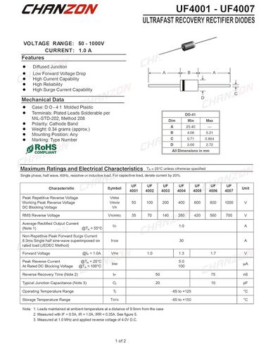 (عبوة من 100 قطعة) صمام ثنائي مقوم فائق السرعة من Chanzon UF4004 1A 400V 50-75ns DO-41 (DO-204AL) محوري 1 أمبير 400 فولت صمامات ثنائية إلكترونية in Saudi Arabia