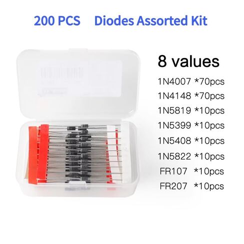 8 Values 200pcs Diodes Kit 1N4007 1N5408 1N4148 1N5399 1N5819 1N5822 FR107 FR207 Rectifier Schottky Diode Assortment in Kuwait
