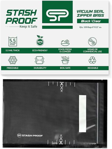 Stash Proof Zipper Vacuum Seal Bags 8" x 12" (100 Count) 5.5 Mil (Black and Clear) - BPA Free Commerical Grade Food Saver for Storage, Sous Vide, and Meal Prep Sealer Bag in Kuwait