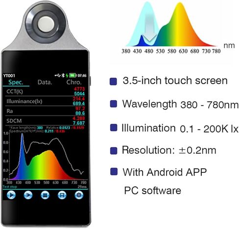 مقياس طيف الضوء TsoLay PPFD PAR، مقياس إضاءة اللون 380-780 نانومتر، مقياس الإضاءة الطيفية مع شاشة تعمل باللمس 3.5 بوصة، دقة 0.2 نانومتر، للبستنة والمختبرات الصناعية in Kuwait