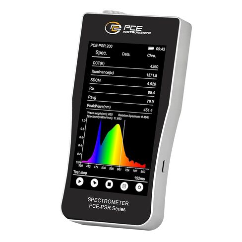 PCE Instruments مقياس الطيف الضوئي المحمول PCE-PSR 200 للضوء واللون، بقياسات 0.1–500000lx وCCT 1500–100000K، بدقة ±0.1lx، ذاكرة 8 جيجابايت، USB-C، شاشة لمس 5 بوصات in Kuwait