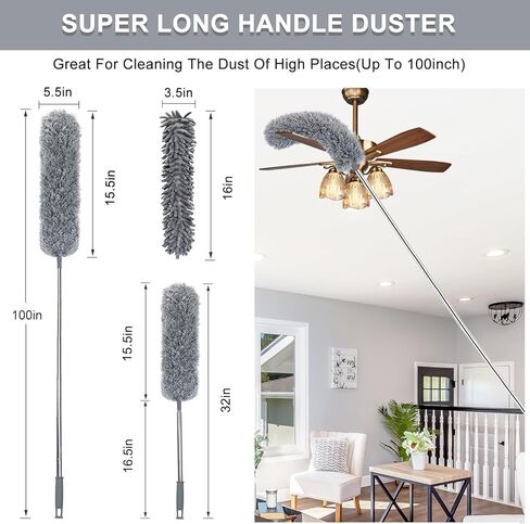 3 Pcs Extendable Microfiber Feather Duster, Electrostatic Bendable Head, Up to 100 Inch Feather Dusters for Cleaning Ceiling Fan, Cobweb, Wall, Furniture in Kuwait