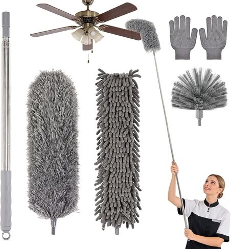 Microfiber Feather Duster 5-in-1 Kit with Extension Pole, Washable Cleaning Duster Set with 3 Duster Heads, Cobweb Duster, Corner Brush, 100'' Extendable Long Duster for High Ceilings, Fans, Furniture in Saudi Arabia