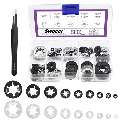 Swpeet 208Pcs 9 Sizes 304 Stainless Steel + Manganese Steel Internal Tooth Lock Washers with Tweezers Kit, M2 M2.5 M3 M4 M5 M6 M8 M10 M12 Spring Push On Locking Nuts Speed Clips Retaining Clips in Saudi Arabia