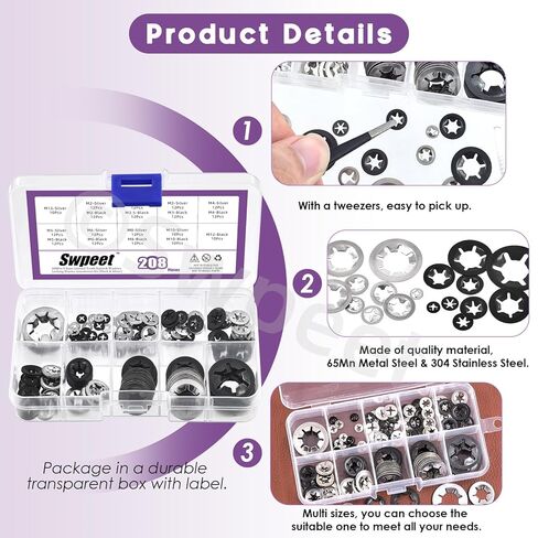 Swpeet 208Pcs 9 Sizes 304 Stainless Steel + Manganese Steel Internal Tooth Lock Washers with Tweezers Kit, M2 M2.5 M3 M4 M5 M6 M8 M10 M12 Spring Push On Locking Nuts Speed Clips Retaining Clips in Saudi Arabia