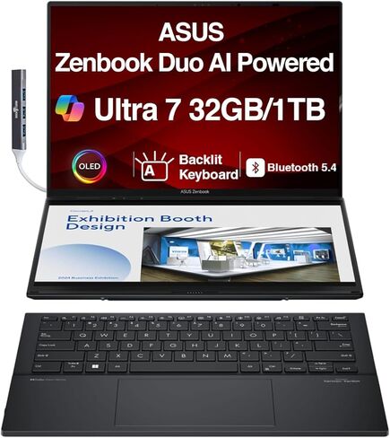 ASUS Zenbook Duo AI Powered 2-in-1 Laptop 14.0" Touchscreen OLED 2.8K Display (Intel Ultra 7-255H, 32GB LPDDR5X, 1TB PCIe SSD, Backlit KB, 2 Thunderbolt 4, WiFi 7, Win 11 Pro) w/DKZ USB Port Expander in Saudi Arabia