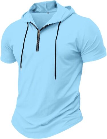 بلوفر رجالي بسحاب ربع - قميص رجالي بأكمام قصيرة وغطاء للرأس للتمرين الرياضي وملابس لياقة بدنية ناعمة وقابلة للتمدد in Kuwait
